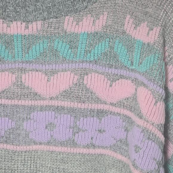 Vintage 80's Gray Pastel Goose Duck Hearts Flowers Crewneck Sweater Women's M/L - Picture 5 of 8